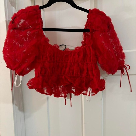 For love and lemons Hannah Crop Top Red Floral Puff Sleeve NWT Rosette Bustier - Picture 6 of 7